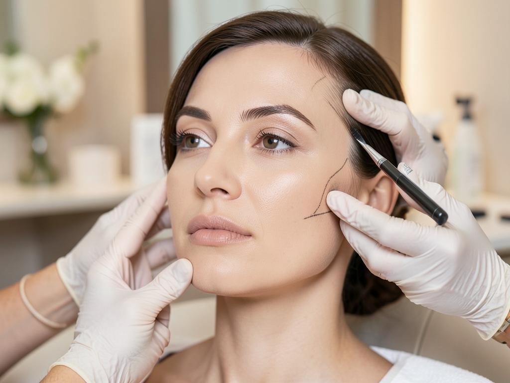Especialista marcando pontos de harmonização facial em uma paciente
