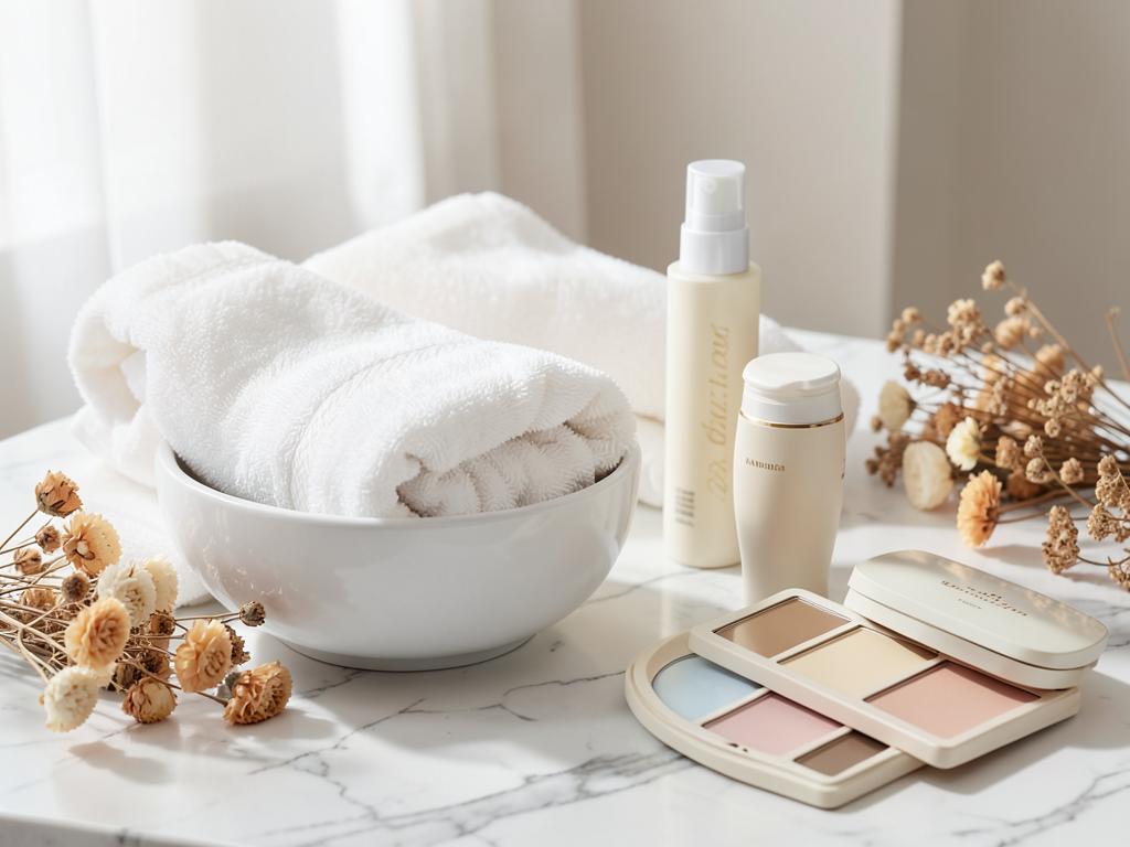 Produtos e toalhas de limpeza de pele em ambiente de spa